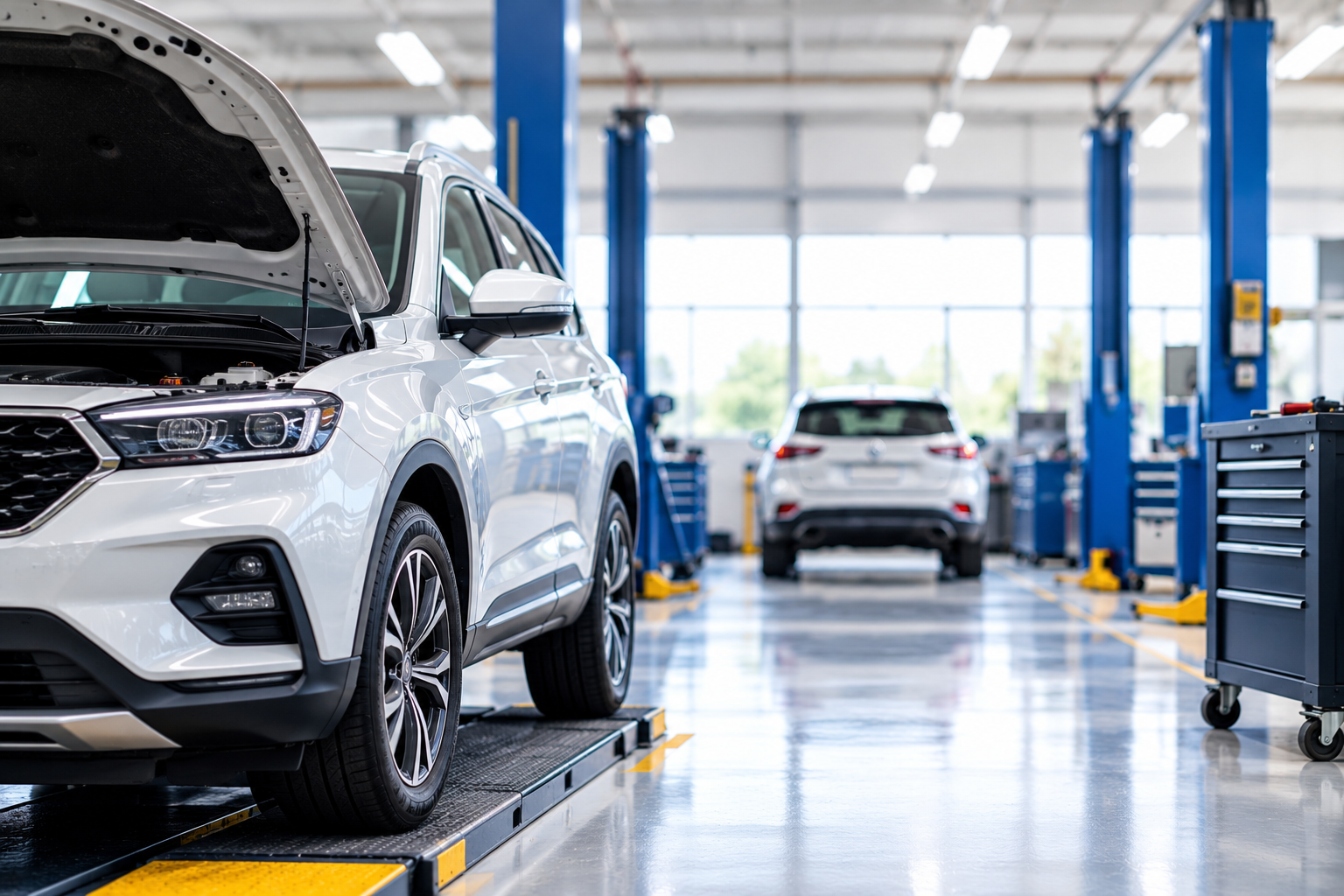 Vehicle inspection and maintenance in a modern car rental fleet workshop