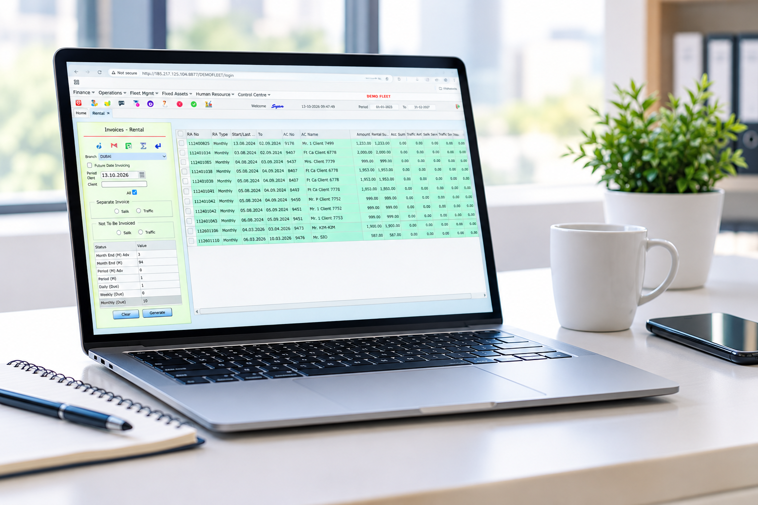 GloudOne rental invoice processing showing agreement-based billing, Salik and traffic fine charges