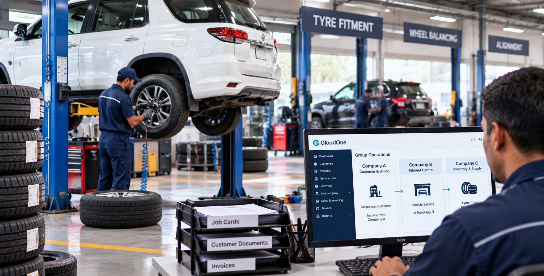 Multi-company tyre trading operations, fitment centre and intercompany management