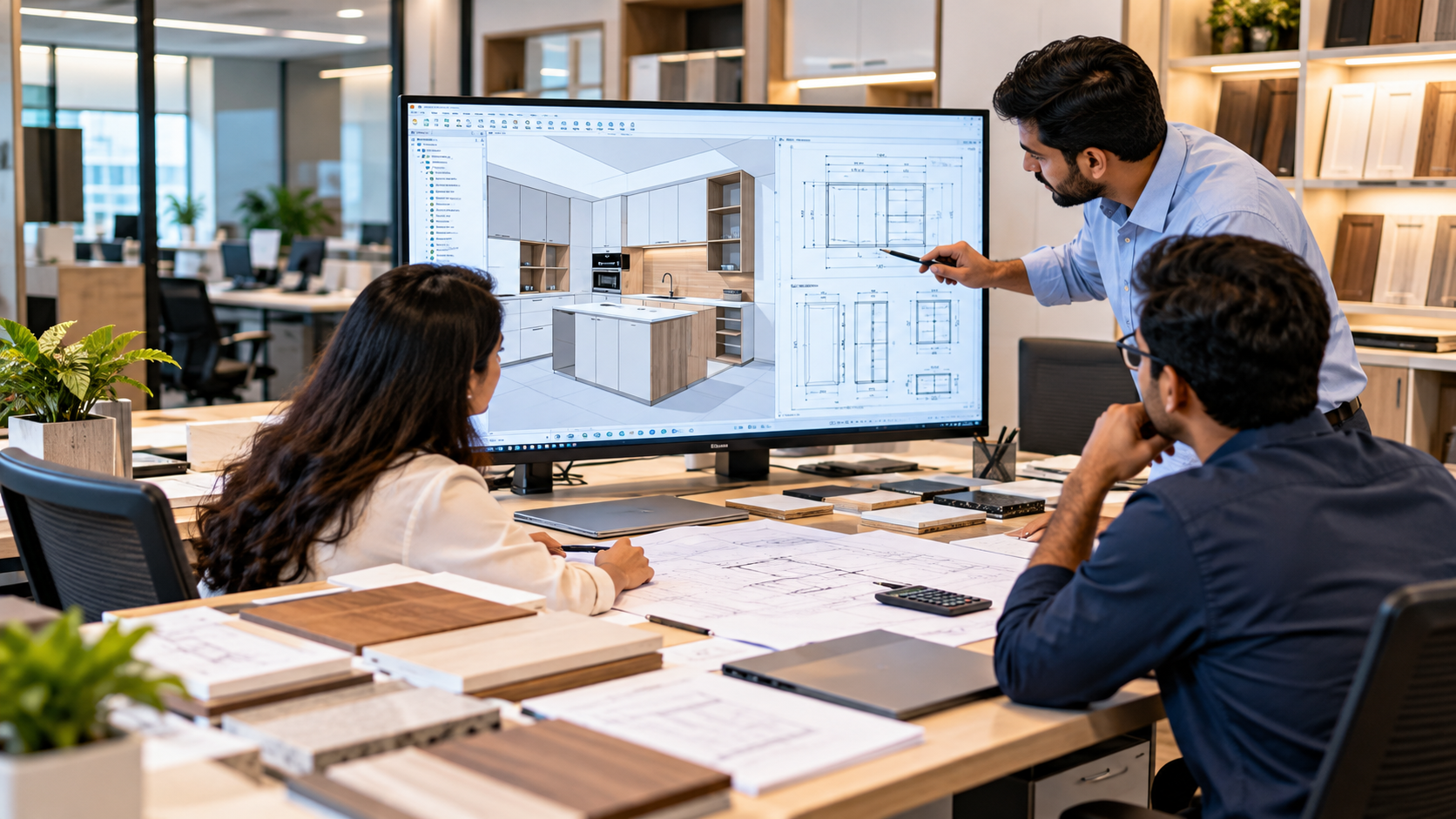 Engineering team reviewing kitchen cabinet designs, shop drawings and material specifications before manufacturing