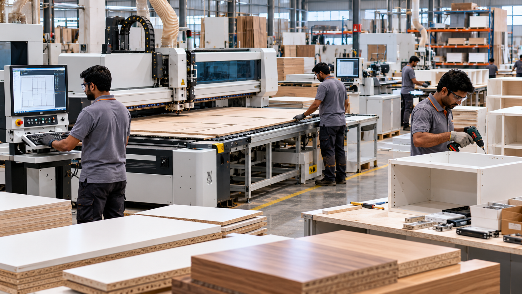 Furniture manufacturing production floor with CNC cutting, board processing and cabinet assembly