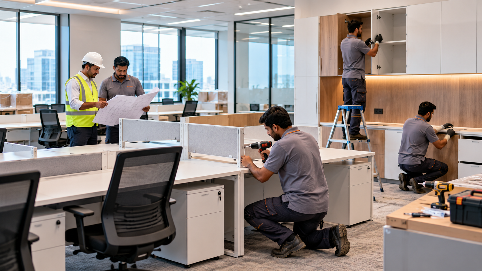 Professional installation of office furniture, workstations and kitchen cabinets at a customer site