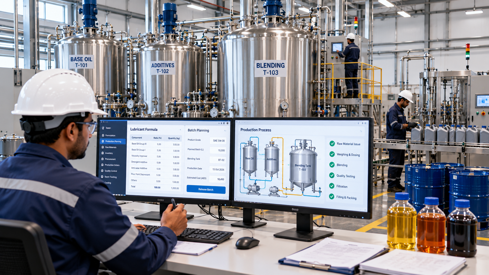 Lubricant manufacturing facility with blending tanks, formulation planning and batch production controls