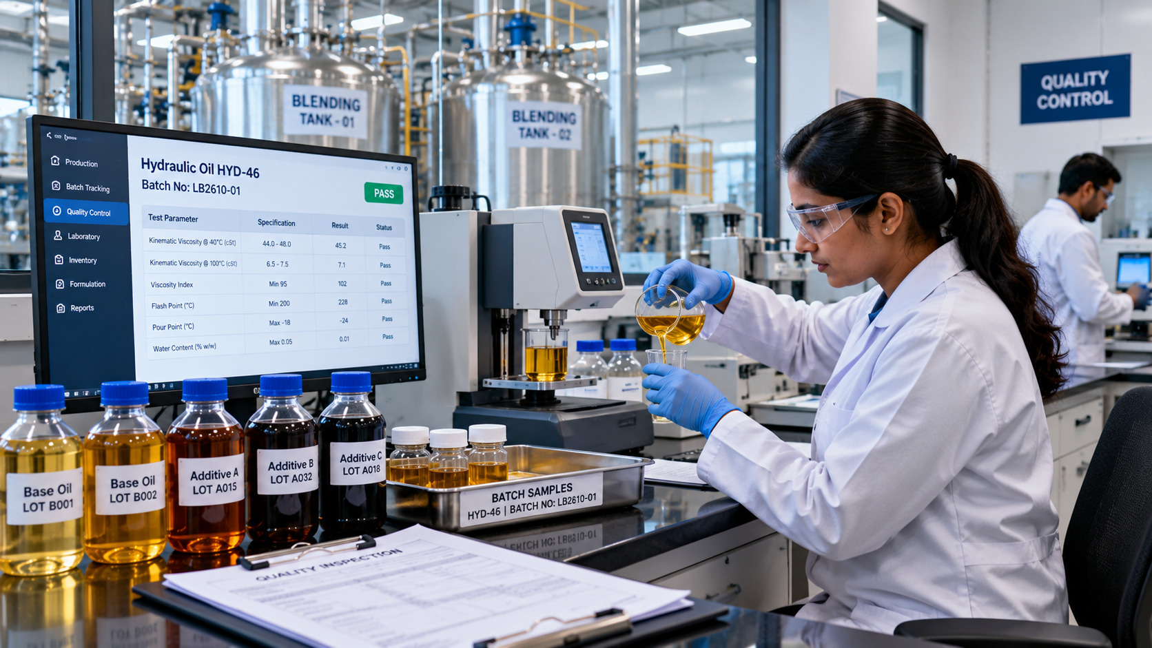 Lubricant quality control laboratory with batch sample testing, inspection and traceability