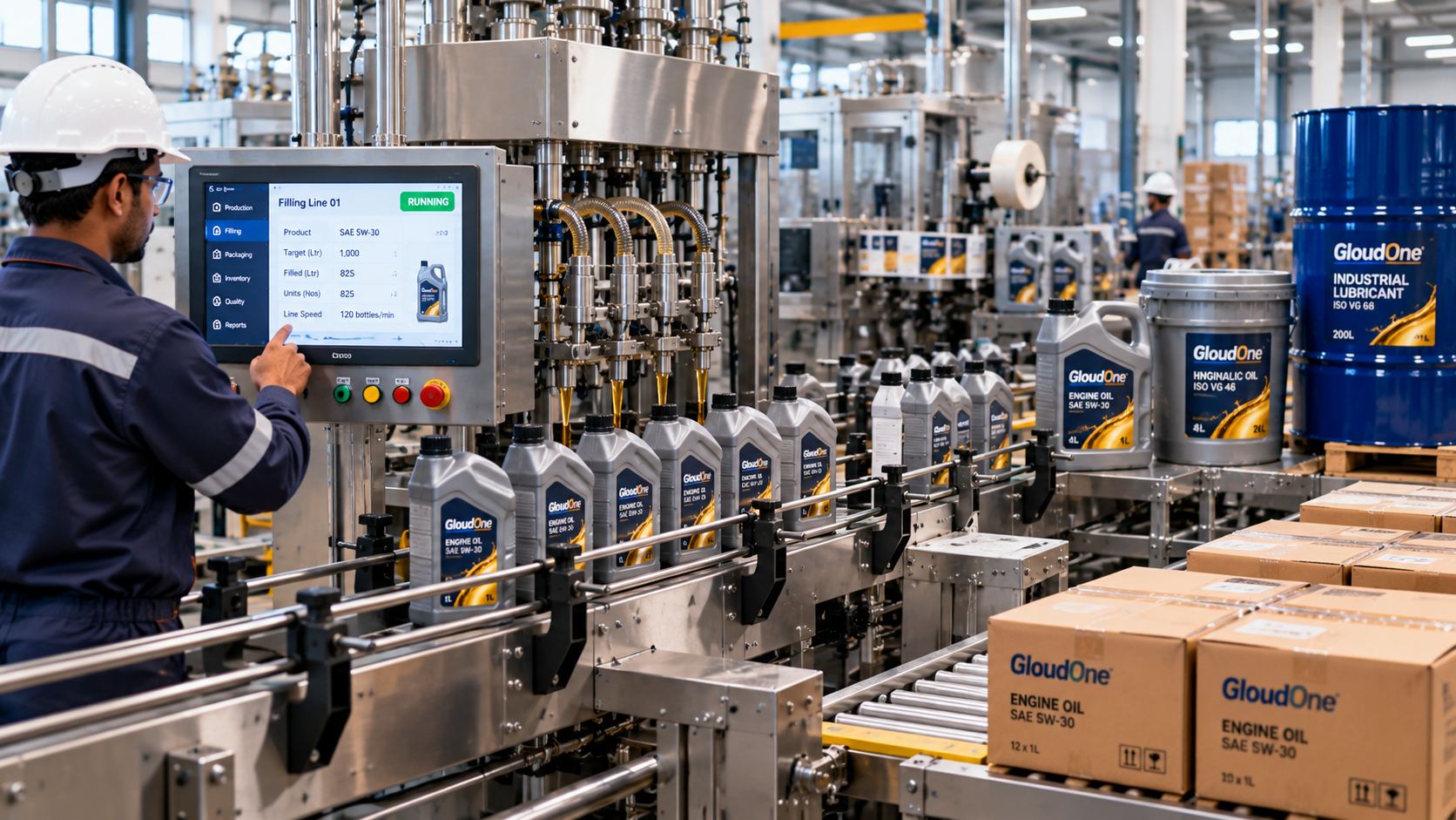 Automated lubricant filling and packaging line with production monitoring, containers and finished goods