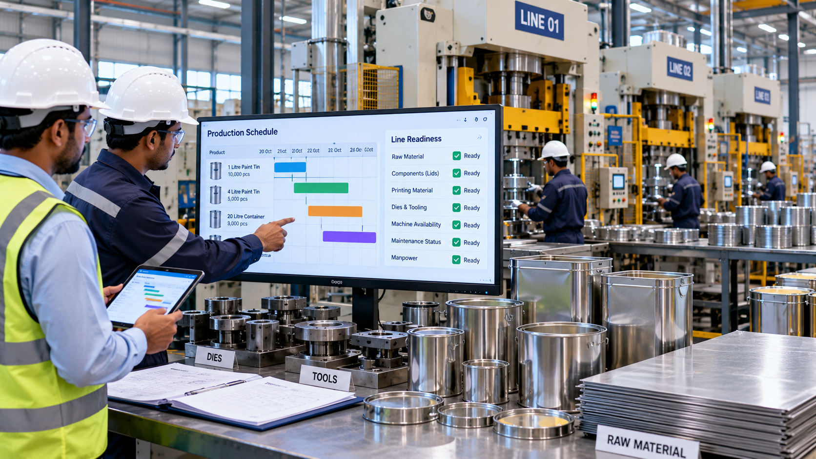 Metal container manufacturing facility showing production scheduling, machine readiness, dies and tooling
