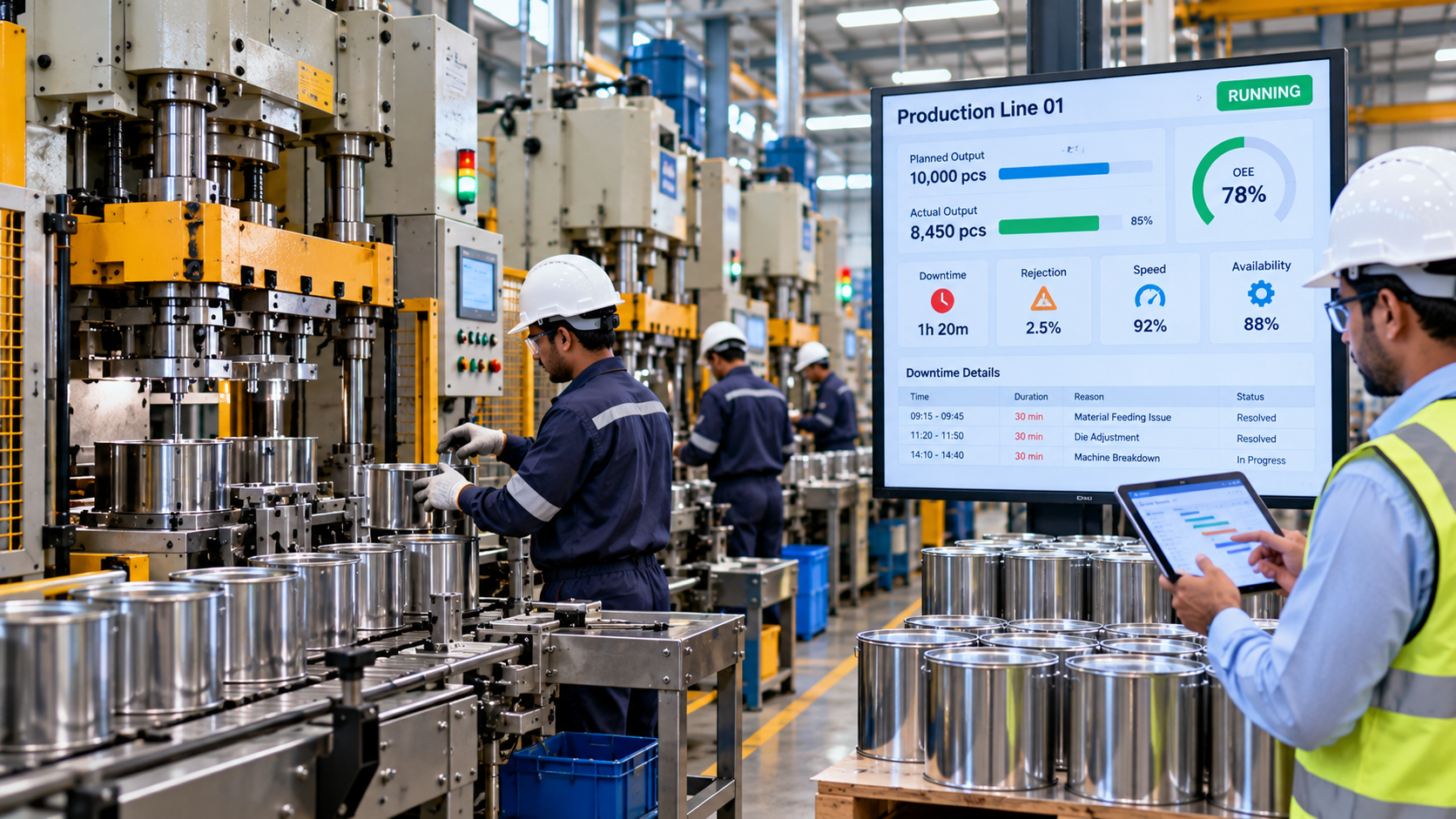 Metal container manufacturing production line showing machine operations, output monitoring and downtime analysis