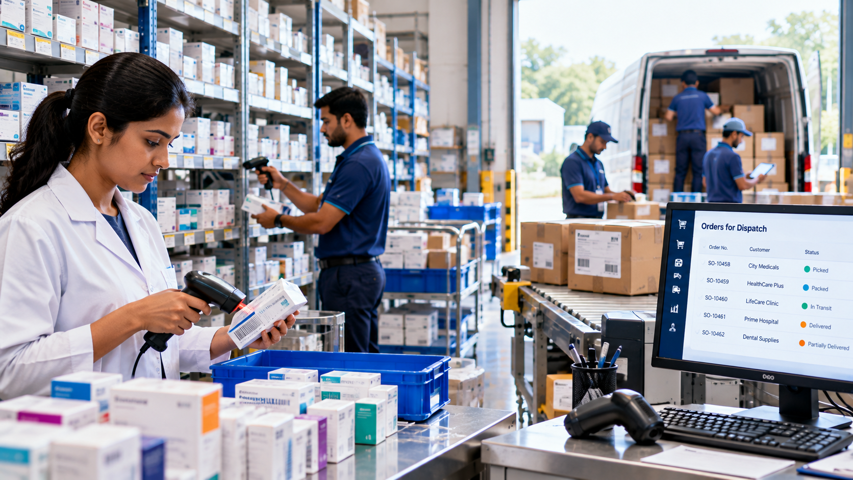 GloudOne pharmaceutical and dental distribution showing barcode scanning, warehouse picking, order fulfilment and delivery operations