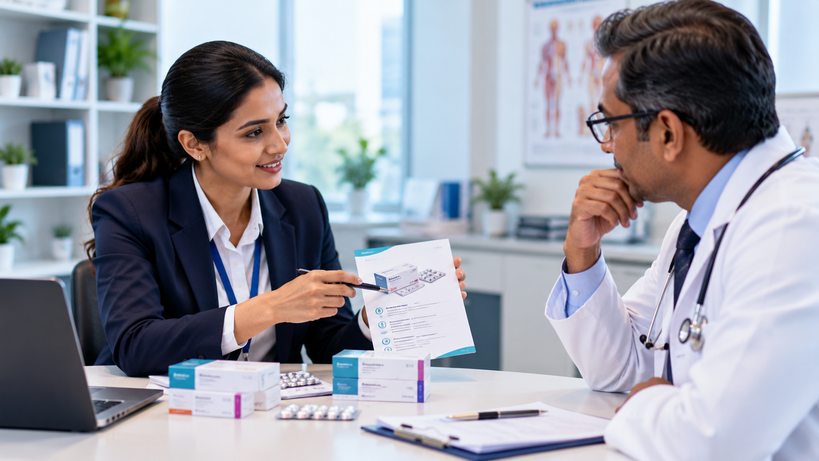 Medical representative discussing pharmaceutical products and samples with a doctor