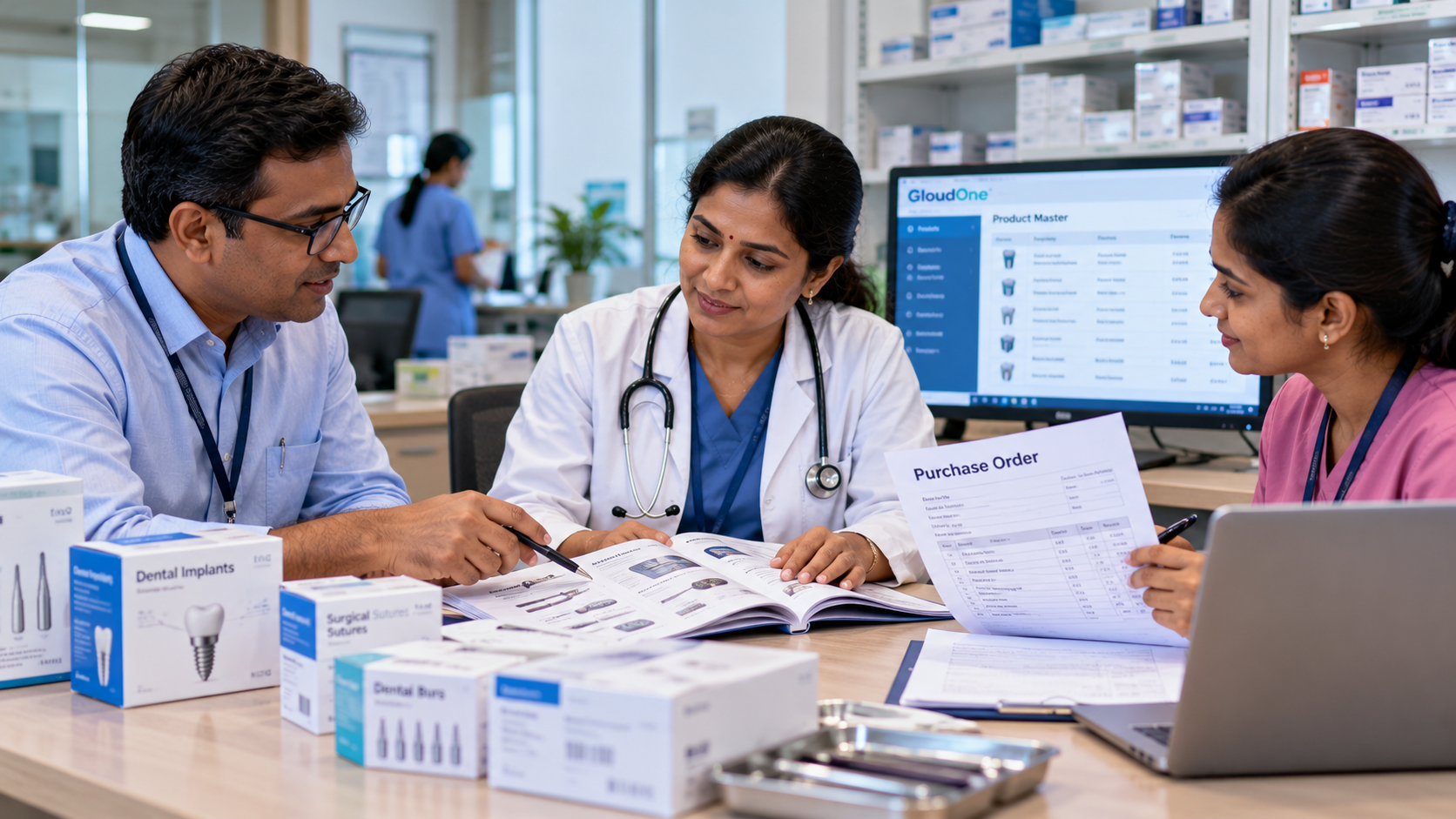 Indian healthcare professionals reviewing institutional purchase orders and dental product catalogues