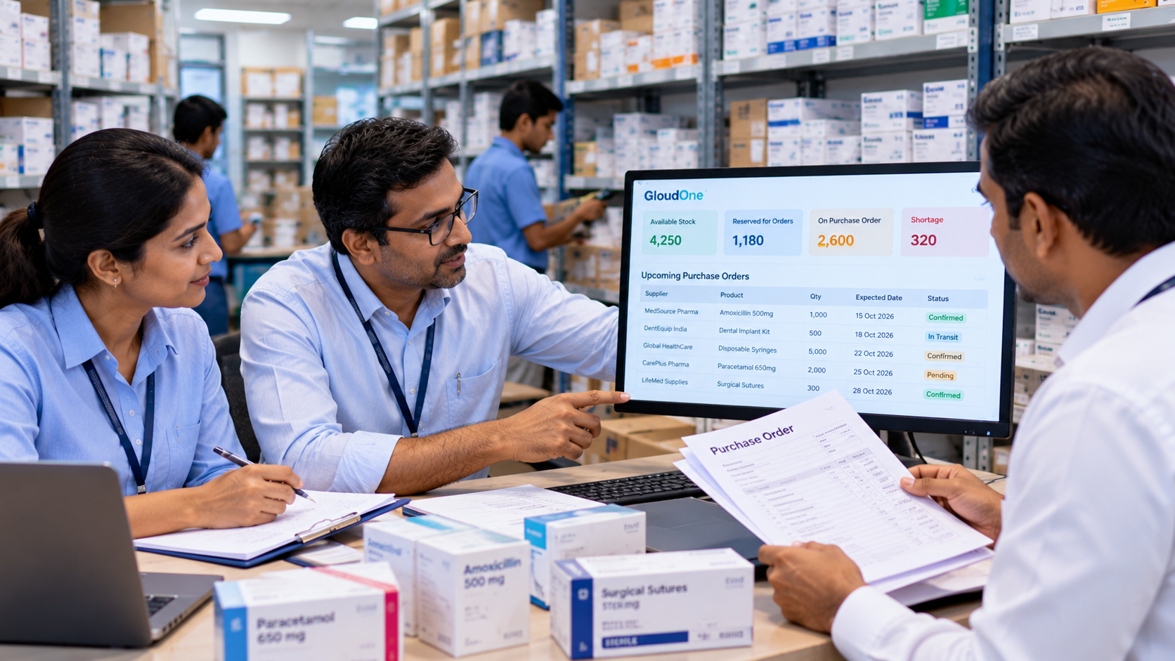 Indian pharmaceutical distribution team reviewing stock reservations, incoming purchase orders and procurement requirements