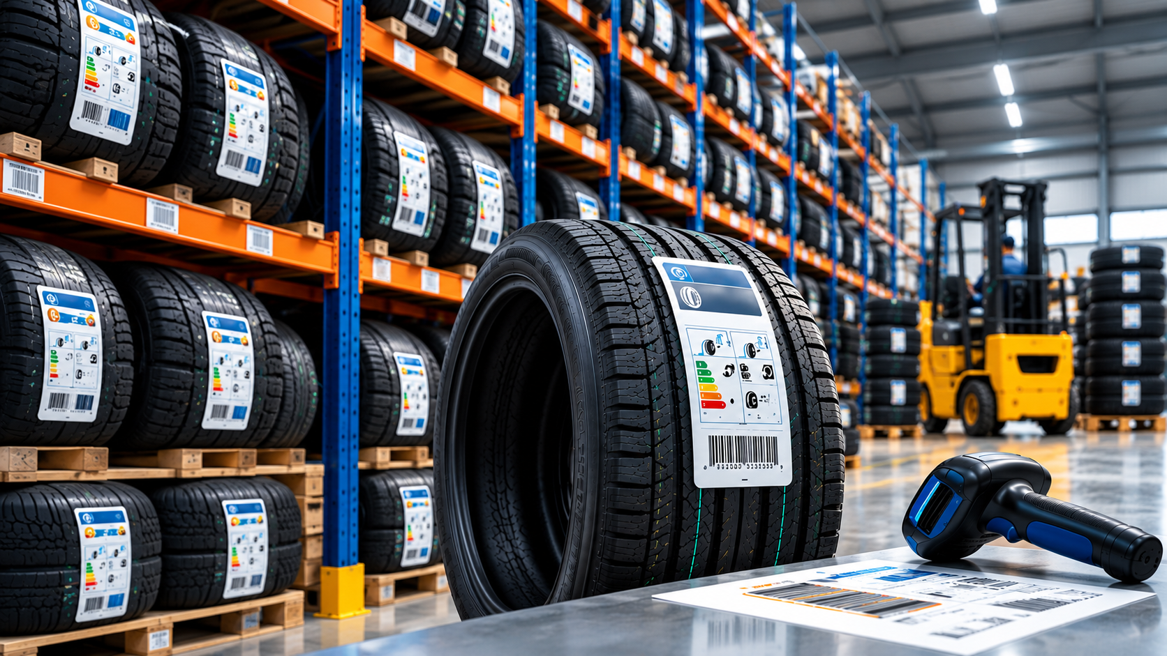 Tyre trading warehouse with stock identification and barcode scanning
