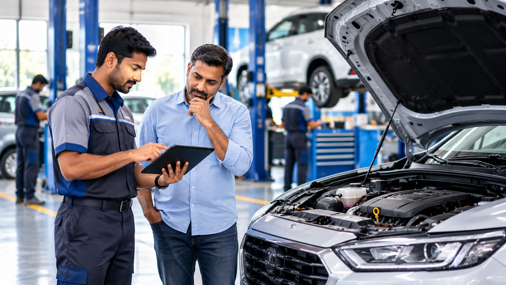Automobile workshop service advisor discussing vehicle inspection and repair estimates with customer