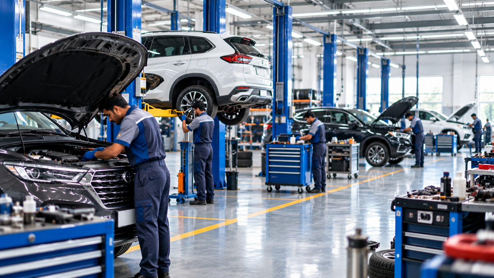 Automobile workshop with multiple service bays and technicians working on vehicles