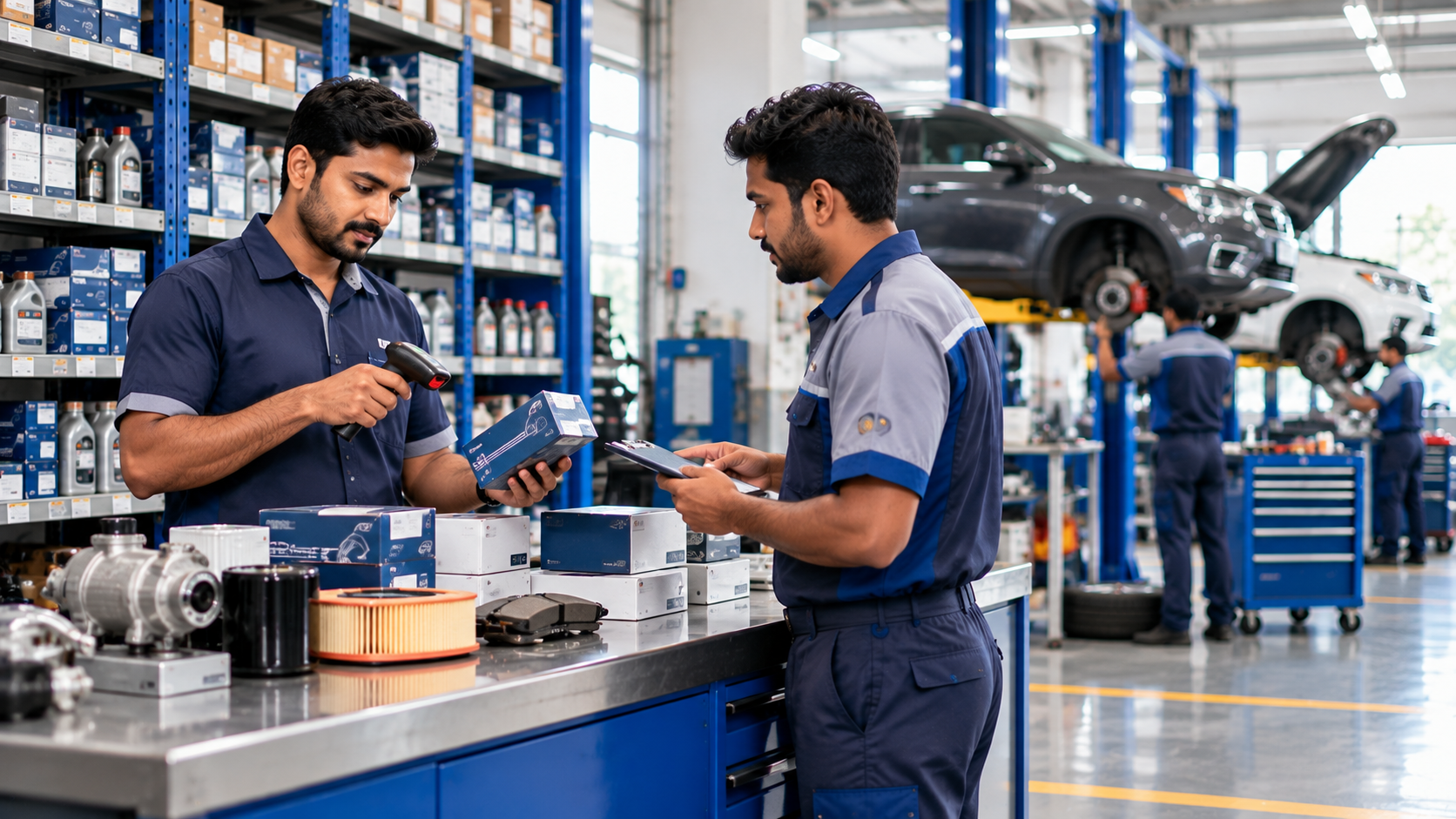Automobile workshop spare parts storekeeper issuing components to a technician against a job card