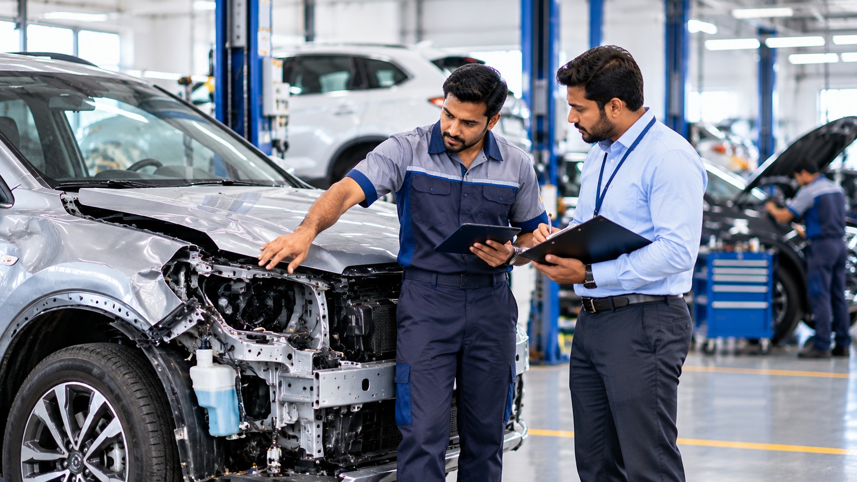 Automobile workshop accident repair inspection with service advisor and insurance assessor examining vehicle damage