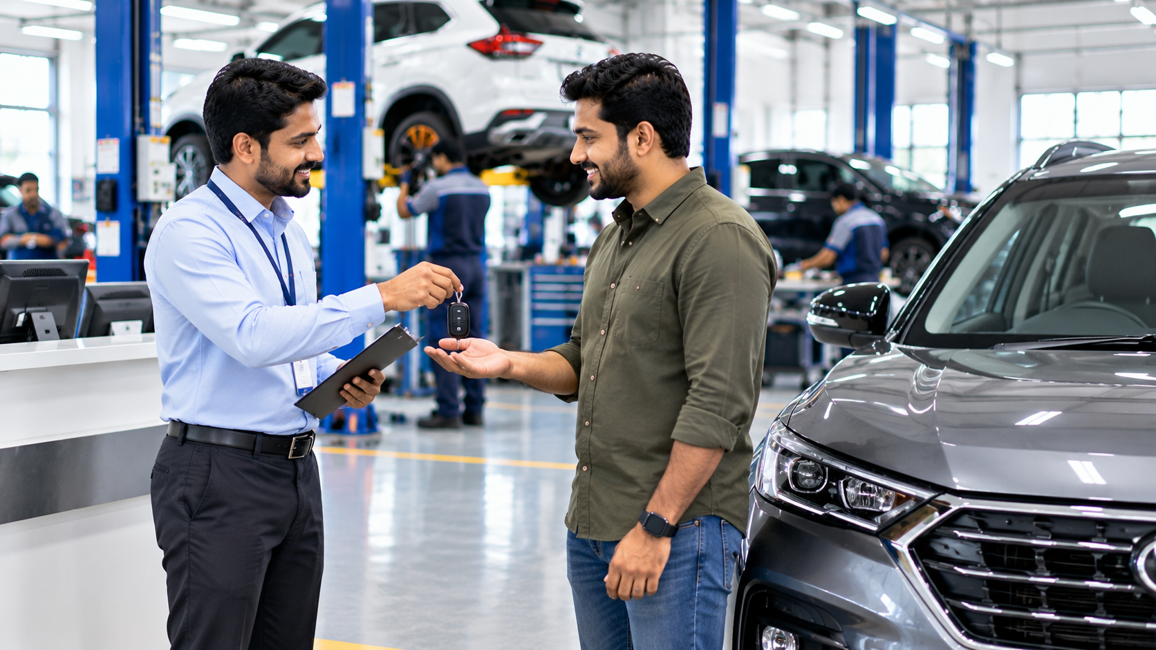 Automobile workshop service advisor handing over vehicle keys to a satisfied customer after service completion